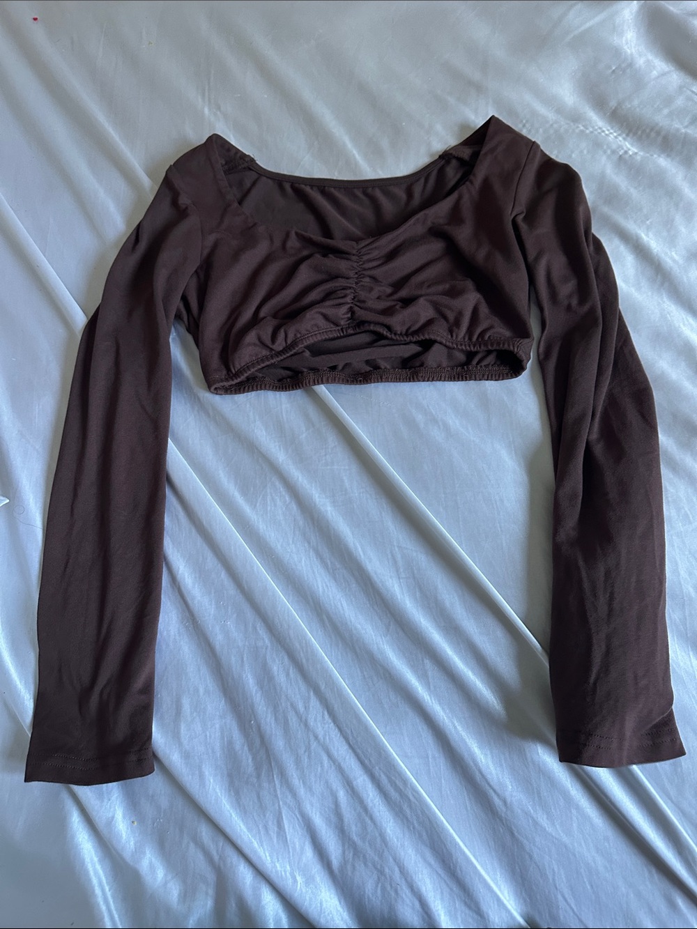 Brown Long Sleeve Ruched Crop Top - Women